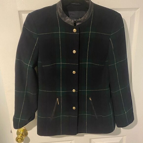 VINTAGE BASLER plaid blazer with leather trim size 4 - Picture 5 of 6